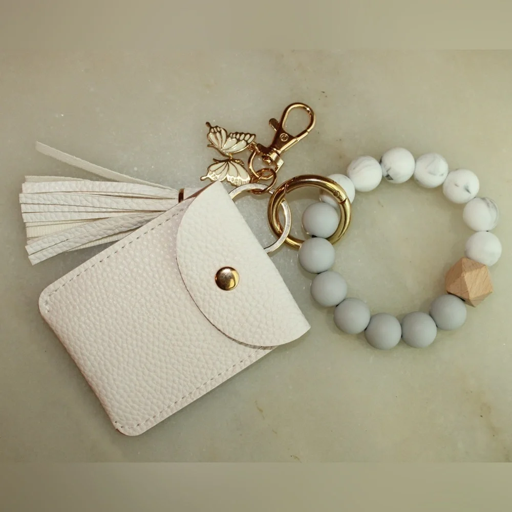 Cardholder Keychain or Bracelet with Butterfly Charm & Tassel White with Gold